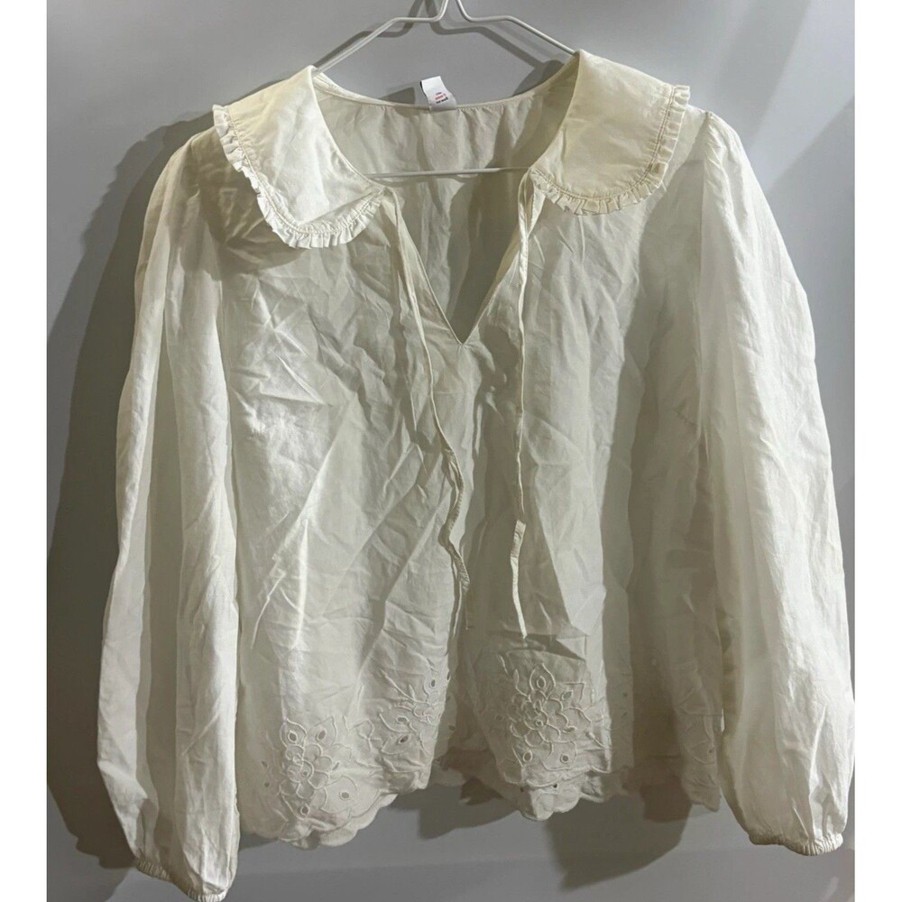 Old Navy Women’s Blouse S White 100% Cotton Lace Accent Collared LongSlv